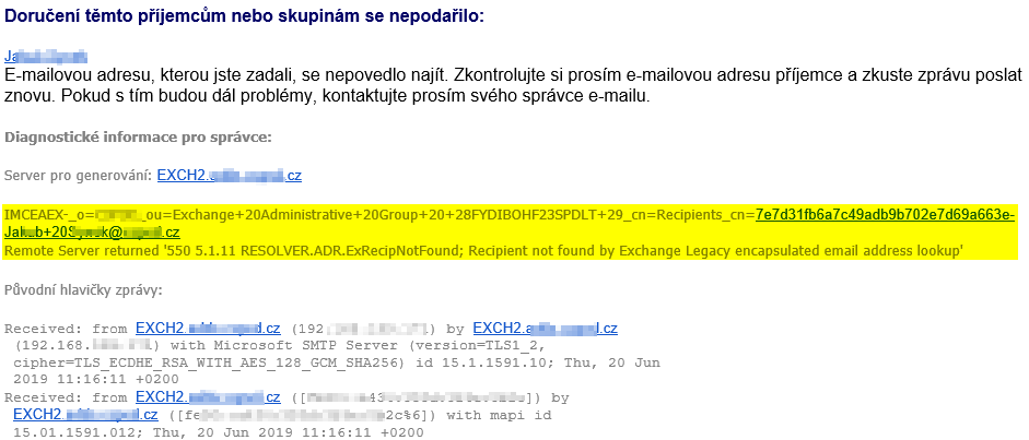 Doručení těmto příjemcům nebo skupinám se nepodařilo