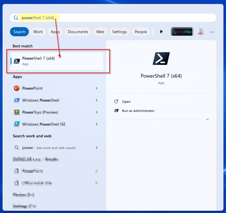 Spuštění PowerShell 7 - nabídka Start