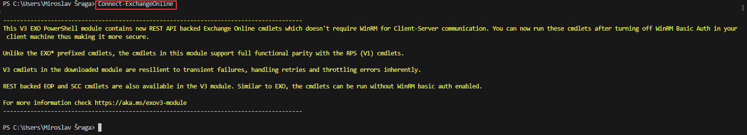 pripojeni k Exchange Online PowerShell
Connect-ExchangeOnline
