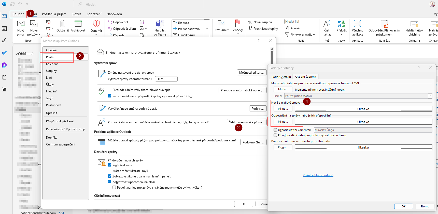 Outlook Desktop nastavení šablony a písma