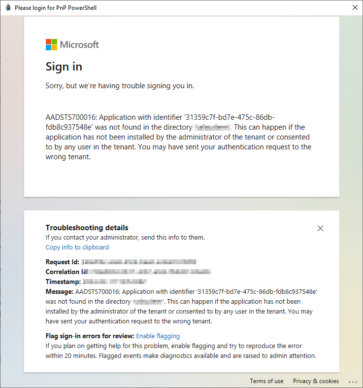 pnp.powershell AADSTS700016